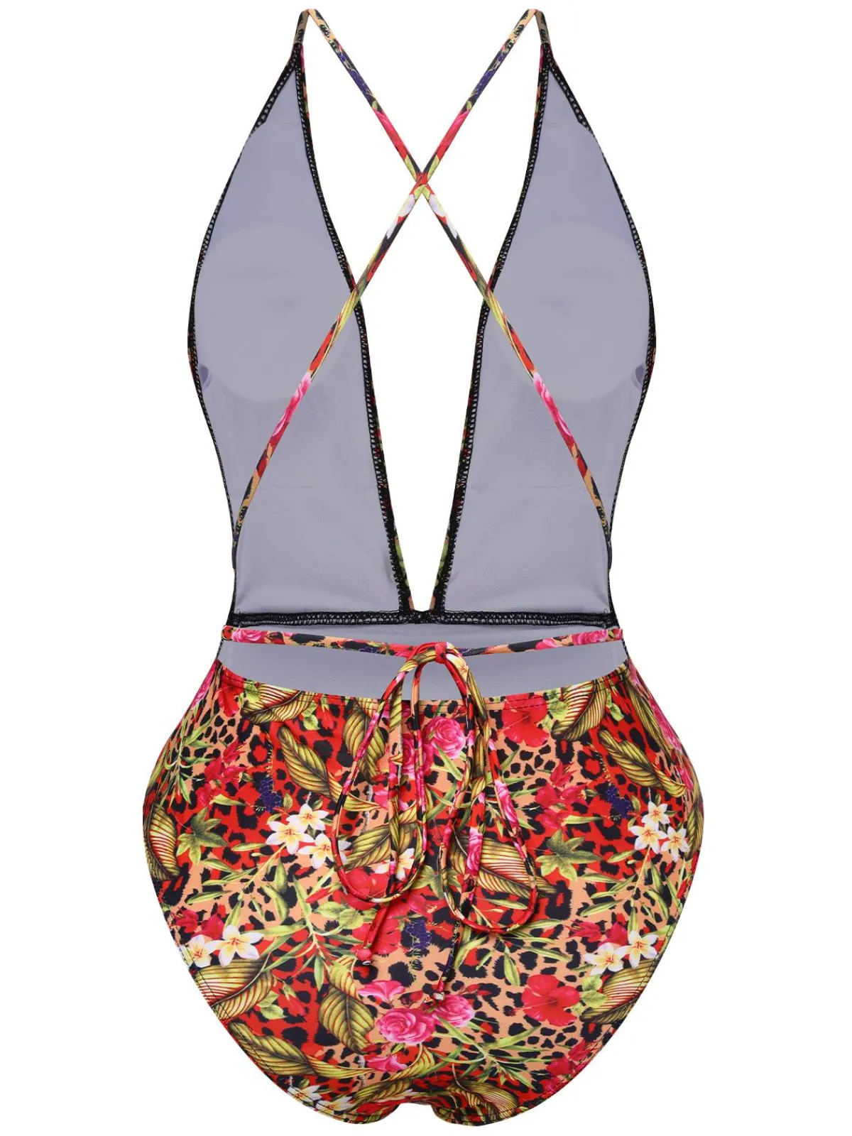 Best Retro Stage 1970s Leopard Flower One-Piece Swimsuit Red