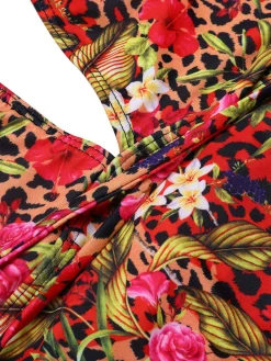Best Retro Stage 1970s Leopard Flower One-Piece Swimsuit Red