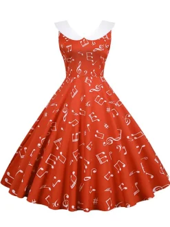 Sale Retro Stage 1950s Musical Notes Swing Dress Red