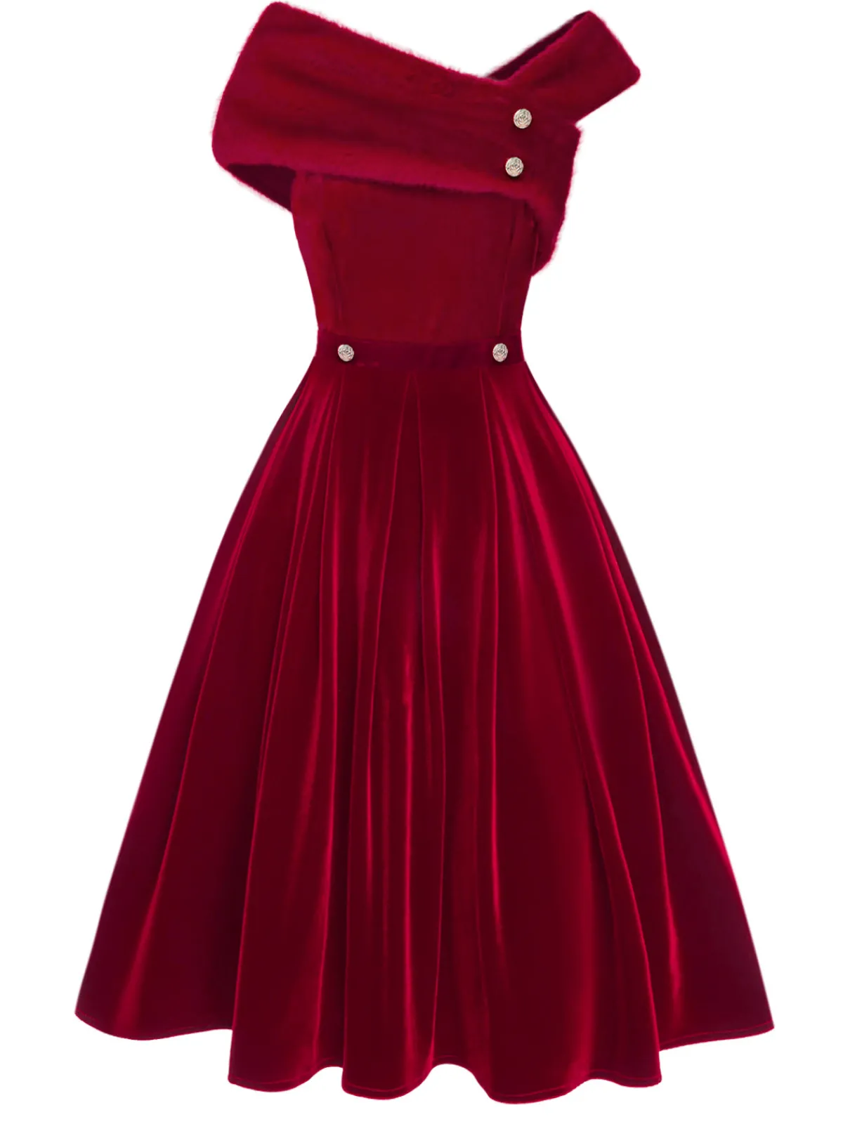 New Retro Stage 1950s Off Shoulder Fur Button Velvet Dress Red