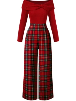 Clearance Retro Stage 1950s Off Shoulder Plaids Jumpsuit Red