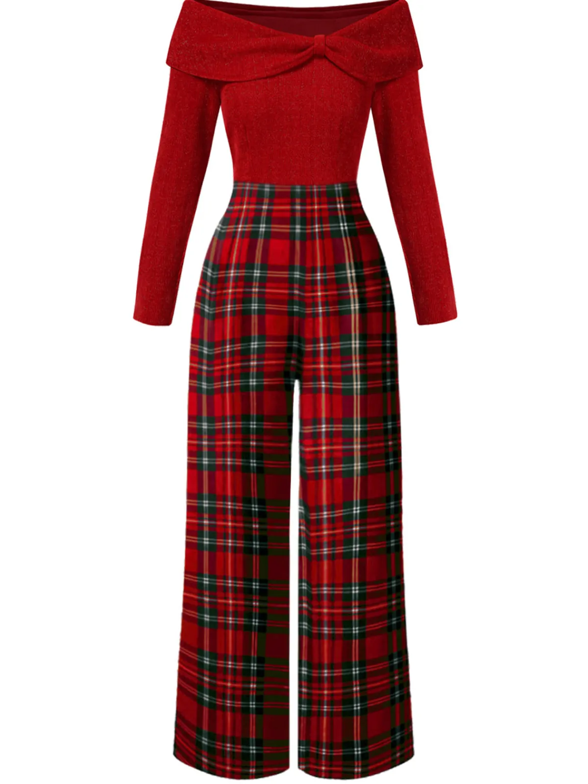 Clearance Retro Stage 1950s Off Shoulder Plaids Jumpsuit Red