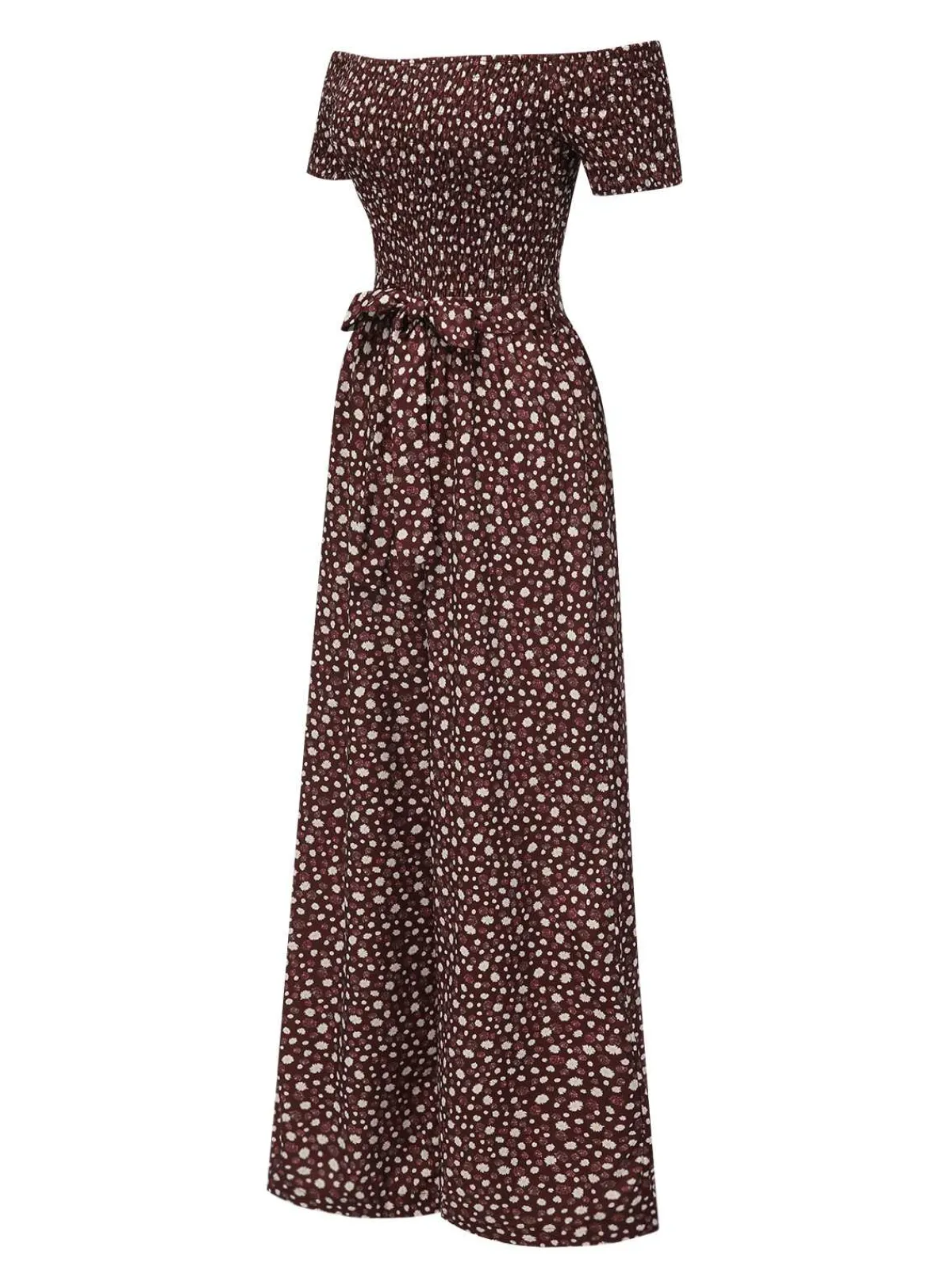 Fashion Retro Stage Red 1940s Off-Shoulder Ditsy Smocked Jumpsuit Fire Brick Red