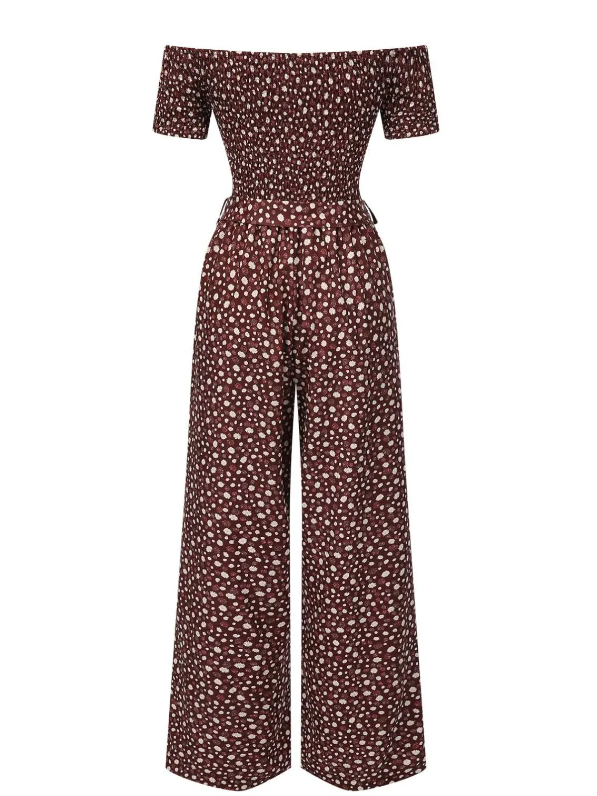 Fashion Retro Stage Red 1940s Off-Shoulder Ditsy Smocked Jumpsuit Fire Brick Red
