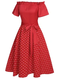 Hot Retro Stage 1950s Off-Shoulder Polka Dots Belted Dress Red
