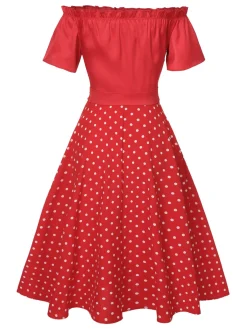 Hot Retro Stage 1950s Off-Shoulder Polka Dots Belted Dress Red