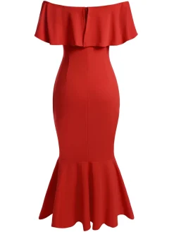 Online Retro Stage Red 1930s Off-Shoulder Ruffles Mermaid Dress True Red