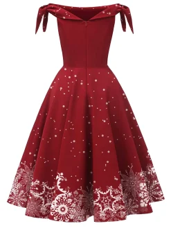 Sale Retro Stage Red 1950s Off-shoulder Snowflake Dress
