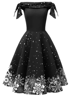 Sale Retro Stage Red 1950s Off-shoulder Snowflake Dress