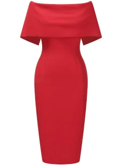 Sale Retro Stage 1960s Off-Shoulder Solid Bodycon Dress Red