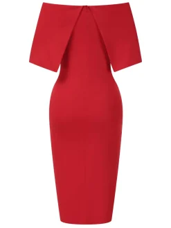 Sale Retro Stage 1960s Off-Shoulder Solid Bodycon Dress Red