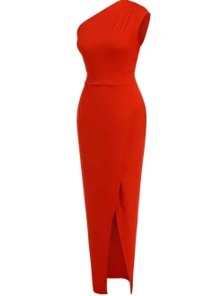 Fashion Retro Stage 1960s One Shoulder Slit Long Dress Red