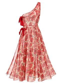 New Retro Stage 1960s One-Shoulder Roses Cover-Up Red