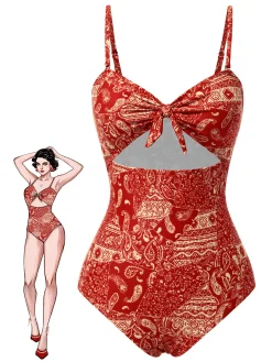 Online Retro Stage Red 1970s Paisley Hollow Spaghetti Straps Swimsuit Fire Brick Red