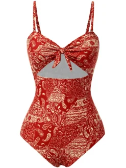 Online Retro Stage Red 1970s Paisley Hollow Spaghetti Straps Swimsuit Fire Brick Red
