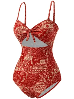 Online Retro Stage Red 1970s Paisley Hollow Spaghetti Straps Swimsuit Fire Brick Red