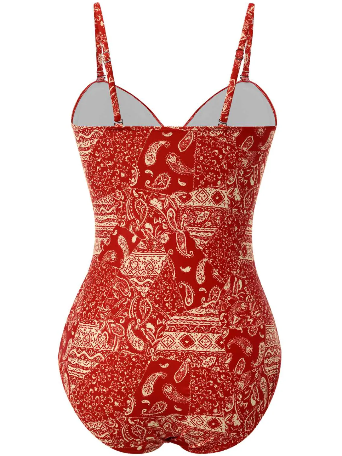 Online Retro Stage Red 1970s Paisley Hollow Spaghetti Straps Swimsuit Fire Brick Red