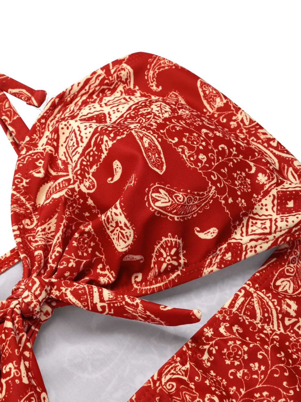 Online Retro Stage Red 1970s Paisley Hollow Spaghetti Straps Swimsuit Fire Brick Red