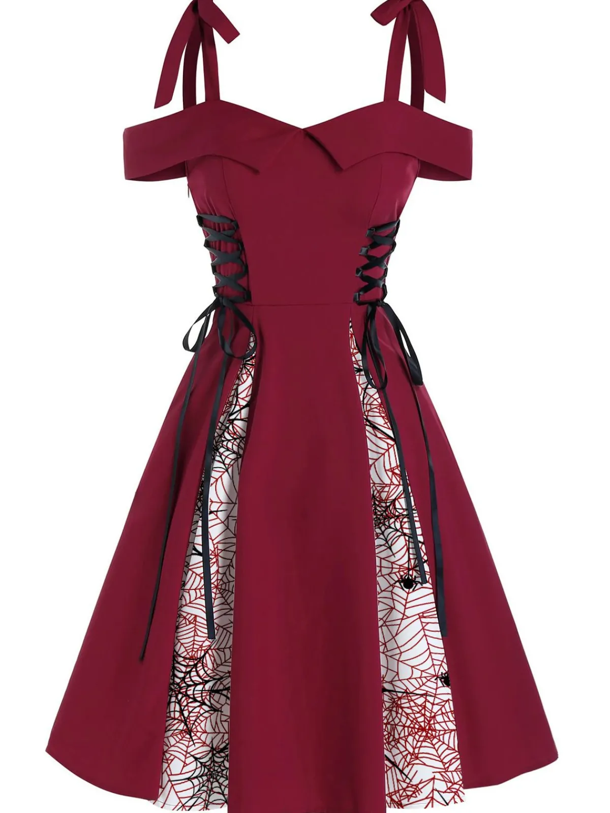 Best Retro Stage 1950s Patchwork Bowknot Lace-up Dress Red