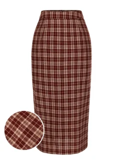 Best Retro Stage 1960s Plaid Back Slit Skirt Red