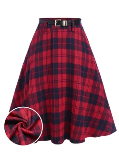 Online Retro Stage 1940s Plaid Belted A-Line Skirt Red