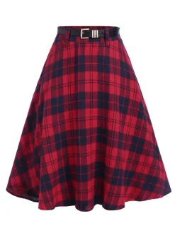 Online Retro Stage 1940s Plaid Belted A-Line Skirt Red