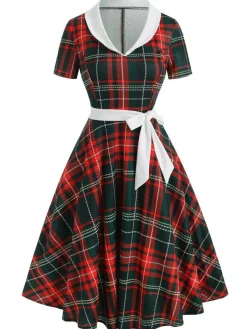 Online Retro Stage 1950s Plaid Bow Swing Dress Red