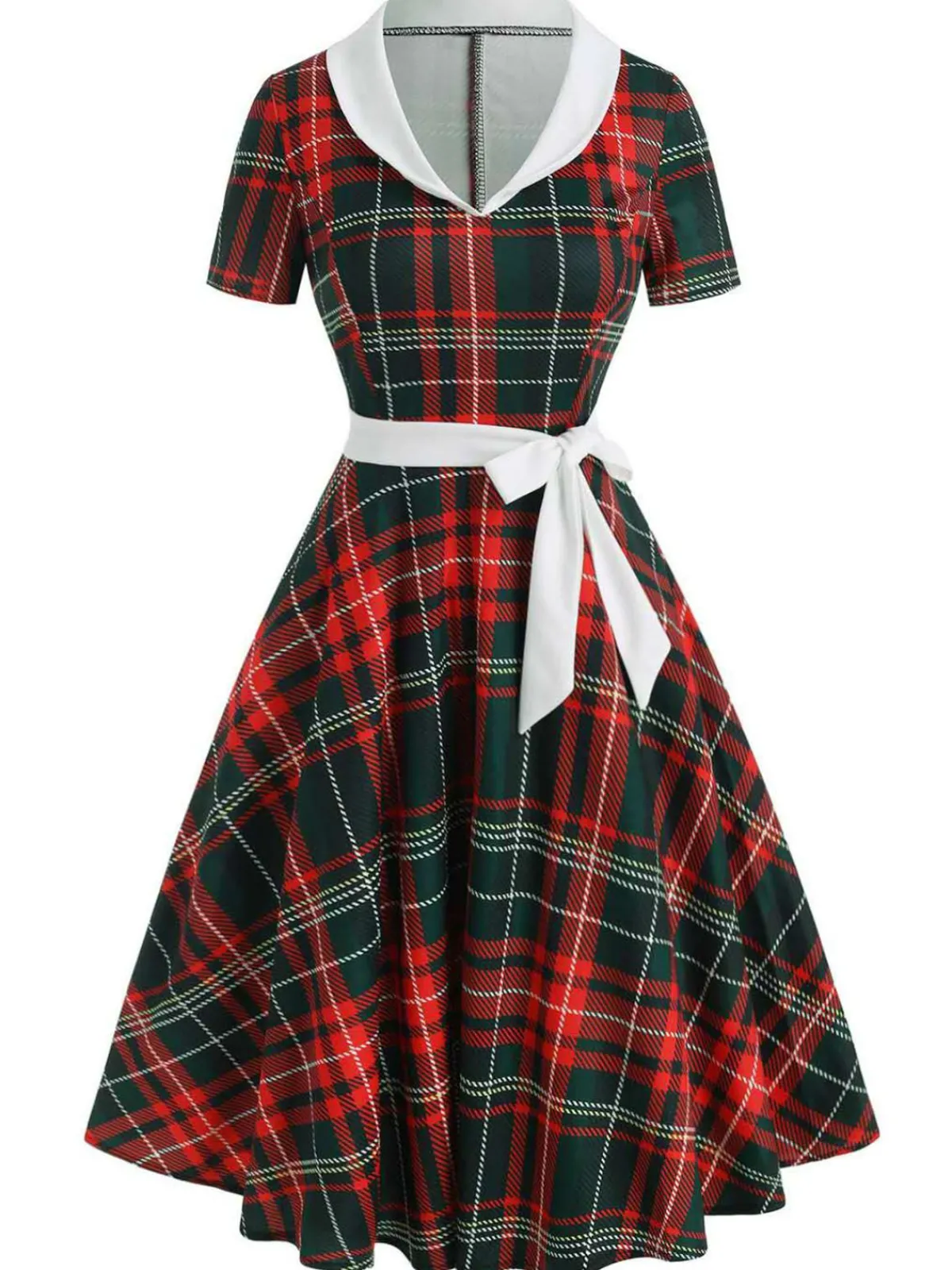 Online Retro Stage 1950s Plaid Bow Swing Dress Red