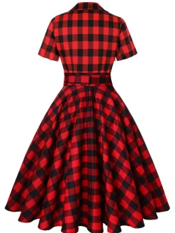 Fashion Retro Stage 1950s Plaid Bowknot Swing Dress Red