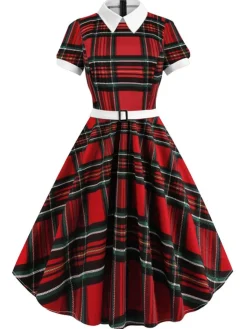 Hot Retro Stage 1950s Plaid Convertible Collar Dress Red