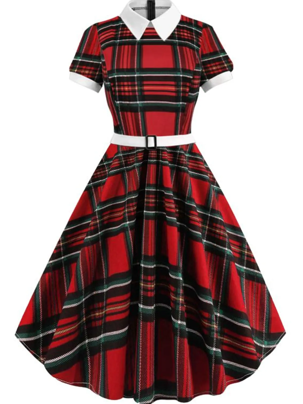 Hot Retro Stage 1950s Plaid Convertible Collar Dress Red