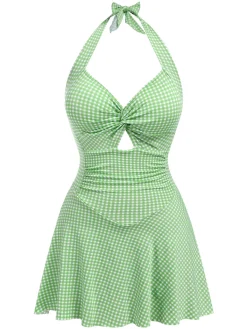 Fashion Retro Stage Red 1930s Plaid Halter One-Piece Swimsuit