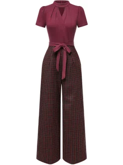 New Retro Stage Red 1930s Plaid Keyhole Neck Belted Jumpsuit