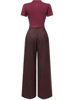 New Retro Stage Red 1930s Plaid Keyhole Neck Belted Jumpsuit