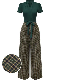 New Retro Stage Red 1930s Plaid Keyhole Neck Belted Jumpsuit