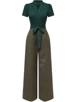 New Retro Stage Red 1930s Plaid Keyhole Neck Belted Jumpsuit