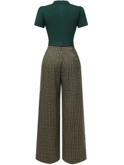 New Retro Stage Red 1930s Plaid Keyhole Neck Belted Jumpsuit