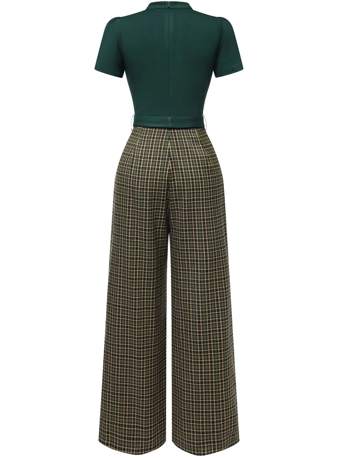 New Retro Stage Red 1930s Plaid Keyhole Neck Belted Jumpsuit