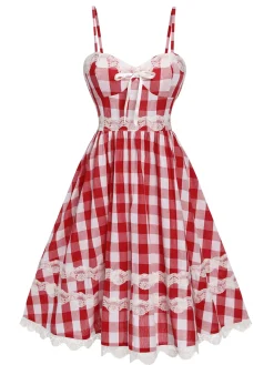 New Retro Stage 1950s Plaid Lace Bow Strap Dress Red