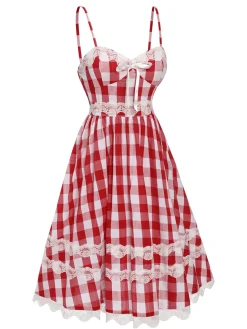New Retro Stage 1950s Plaid Lace Bow Strap Dress Red
