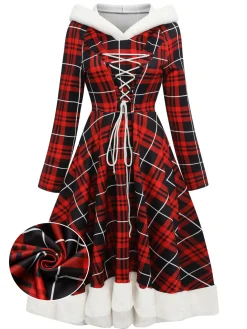 Hot Retro Stage 1950s Plaid Lace-up Hooded Dress Red