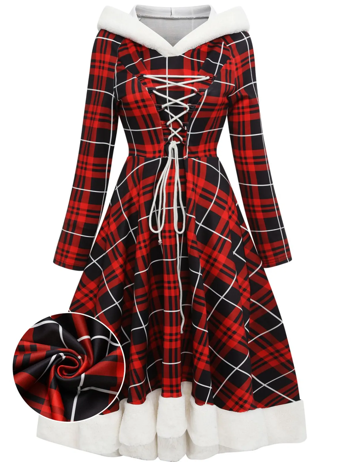 Hot Retro Stage 1950s Plaid Lace-up Hooded Dress Red
