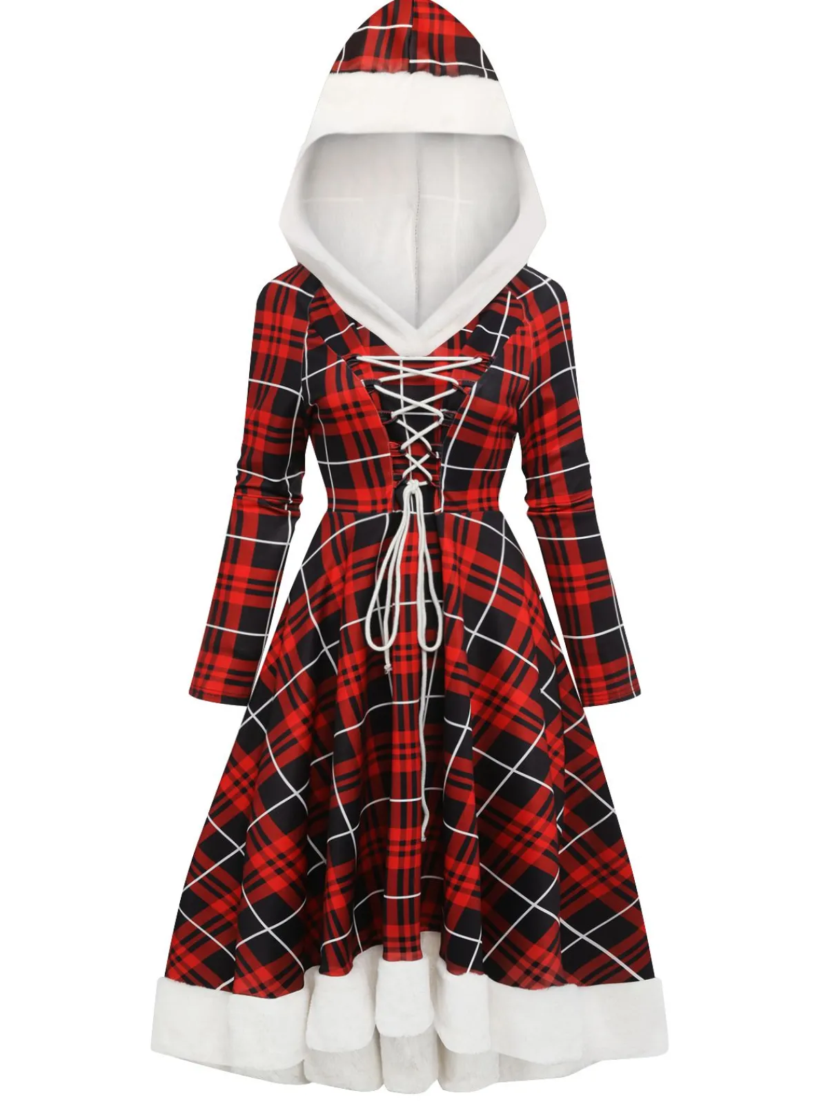 Hot Retro Stage 1950s Plaid Lace-up Hooded Dress Red