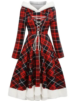 Hot Retro Stage 1950s Plaid Lace-up Hooded Dress Red