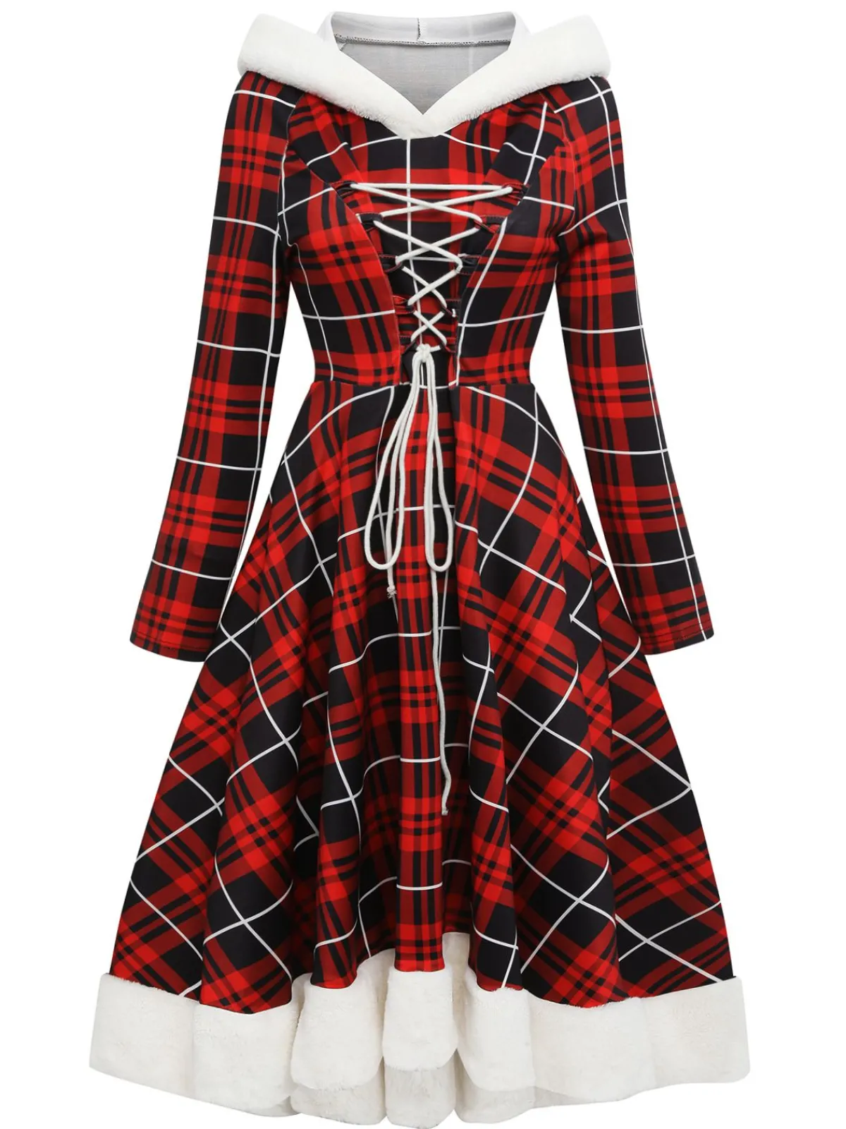 Hot Retro Stage 1950s Plaid Lace-up Hooded Dress Red