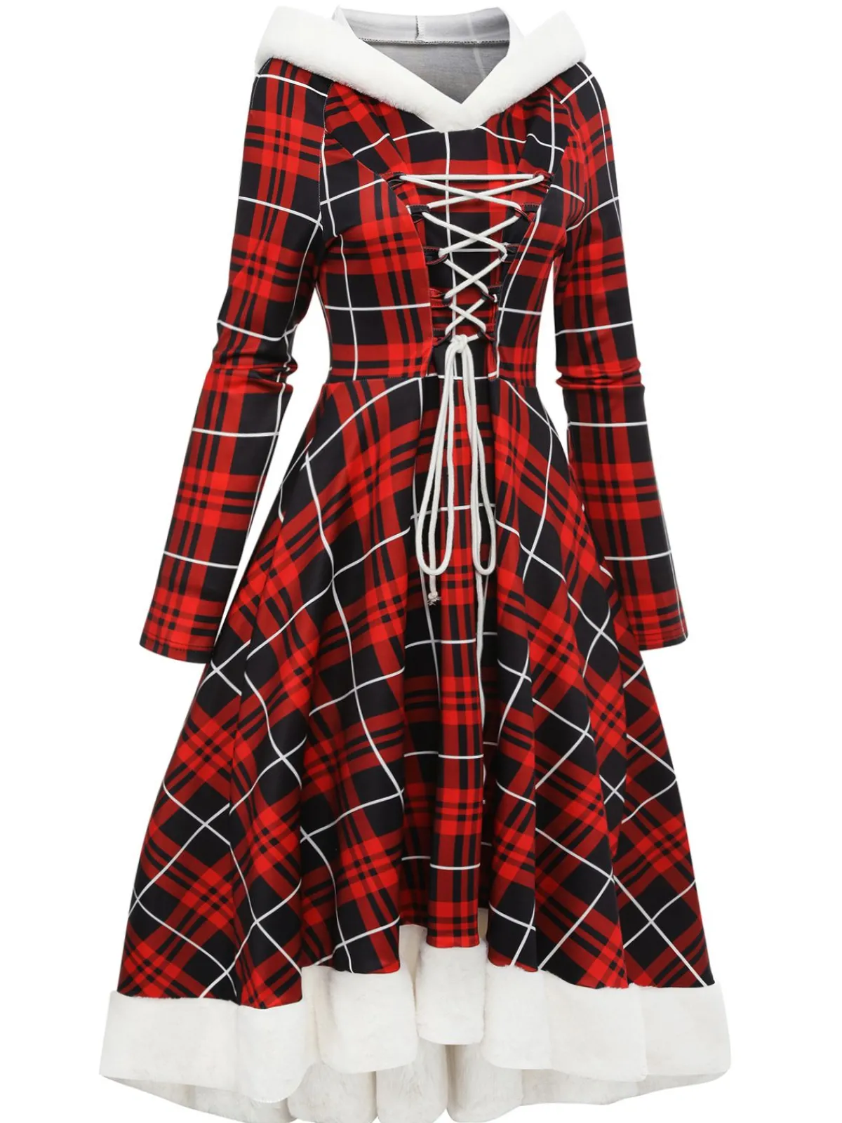 Hot Retro Stage 1950s Plaid Lace-up Hooded Dress Red