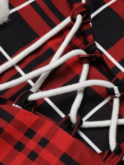 Hot Retro Stage 1950s Plaid Lace-up Hooded Dress Red