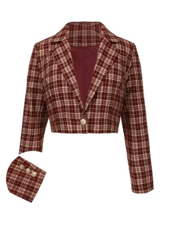 Discount Retro Stage 1960s Plaid Lapel Short Coat Red