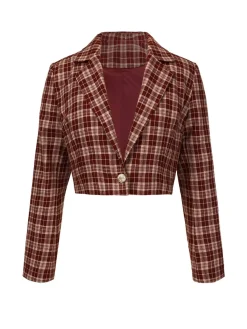 Discount Retro Stage 1960s Plaid Lapel Short Coat Red
