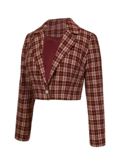 Discount Retro Stage 1960s Plaid Lapel Short Coat Red